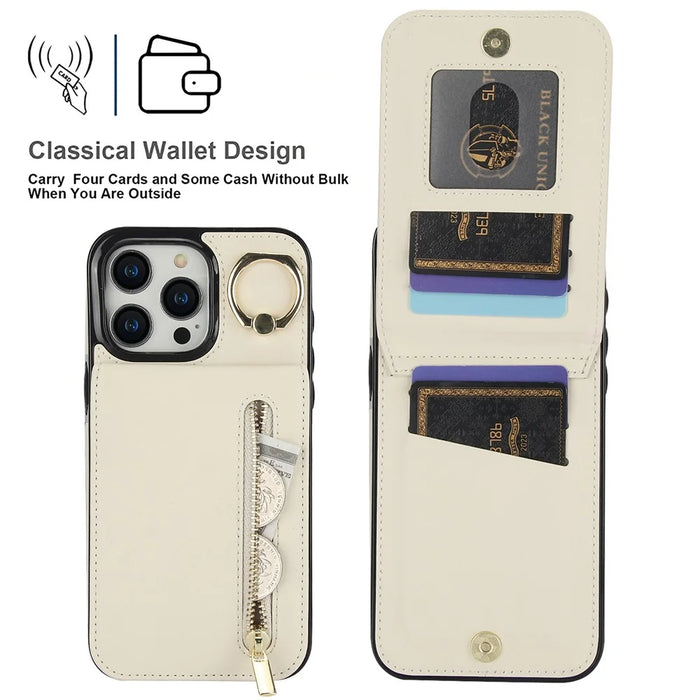 For iPhone 14 Pro Retro PU+TPU Phone Case RFID Blocking Wallet Back Cover with Kickstand - Beige - 6