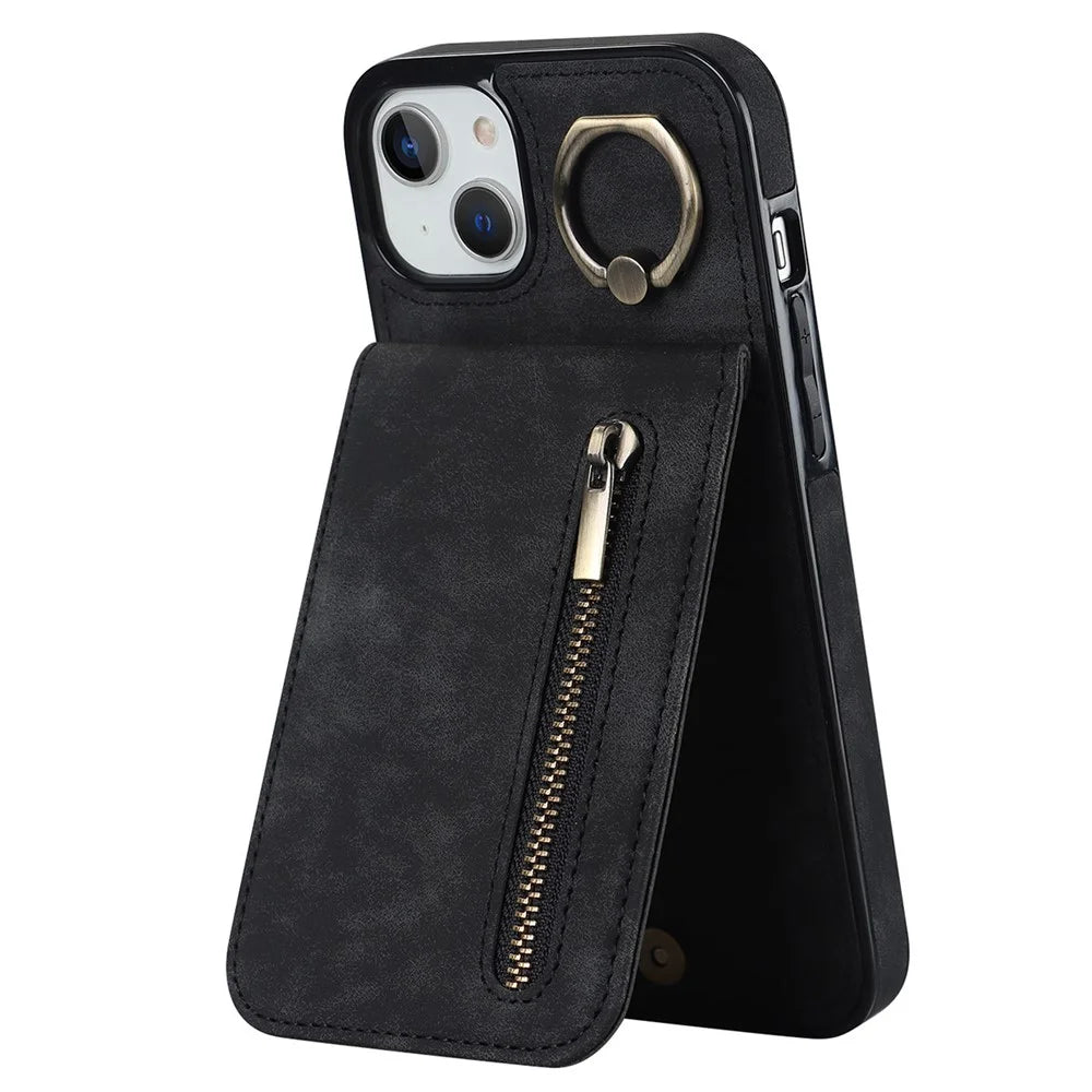 Back Shell for iPhone 15 Plus , Phone Case RFID Blocking Wallet Retro PU+TPU Kickstand Cover - Black - 1
