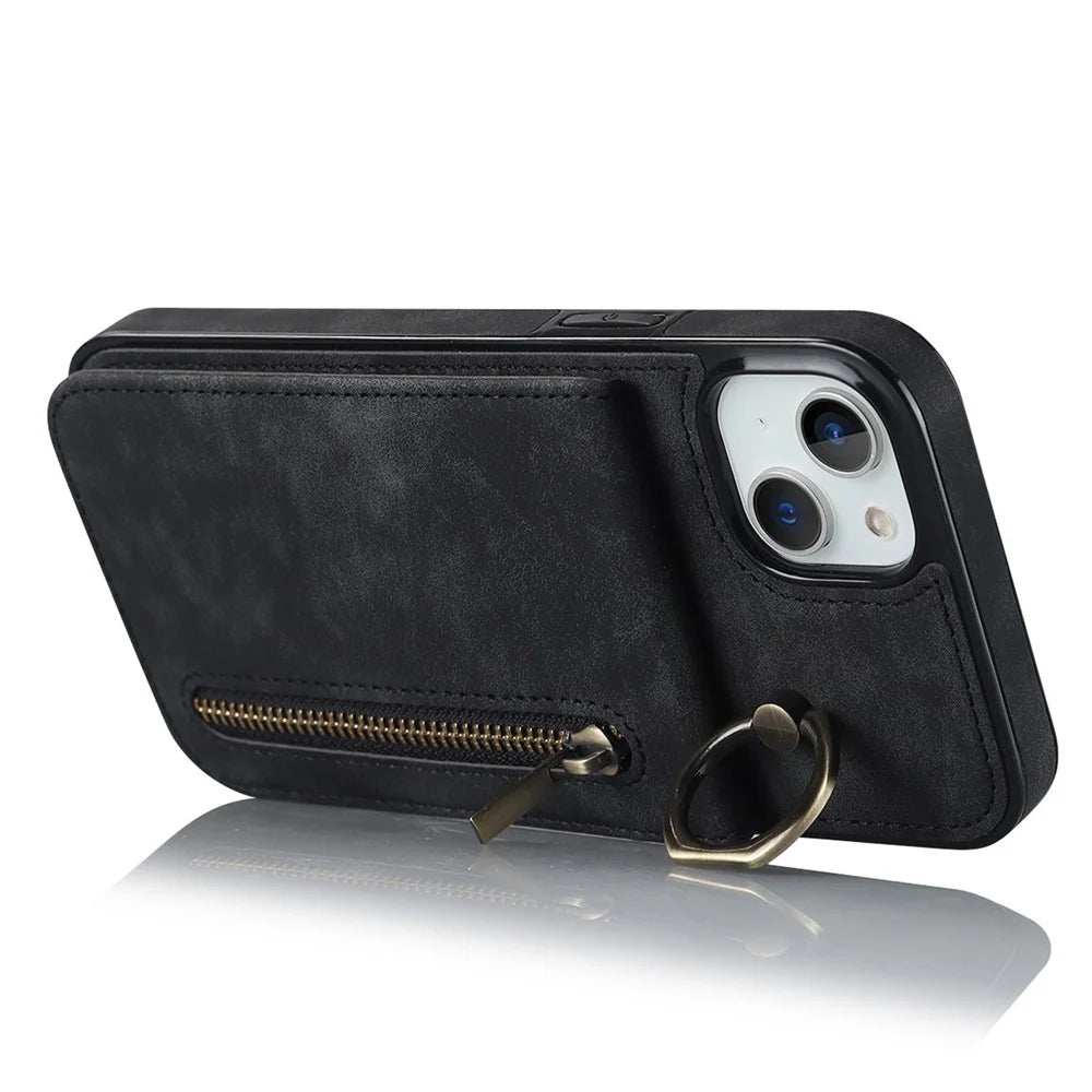 Back Shell for iPhone 15 Plus , Phone Case RFID Blocking Wallet Retro PU+TPU Kickstand Cover - Black - 2