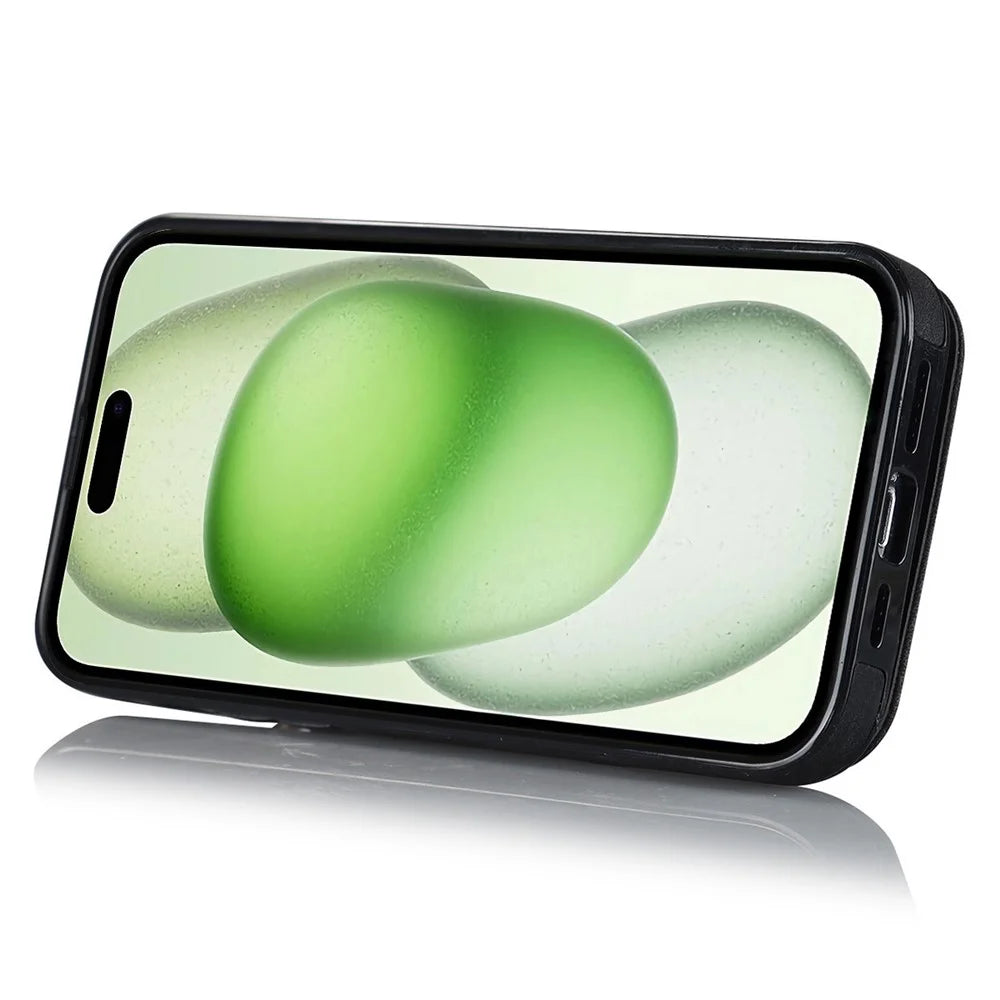 Back Shell for iPhone 15 Plus , Phone Case RFID Blocking Wallet Retro PU+TPU Kickstand Cover - Black - 3