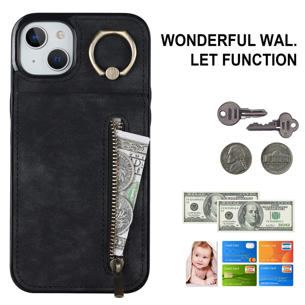 Back Shell for iPhone 15 Plus , Phone Case RFID Blocking Wallet Retro PU+TPU Kickstand Cover - Black - 4