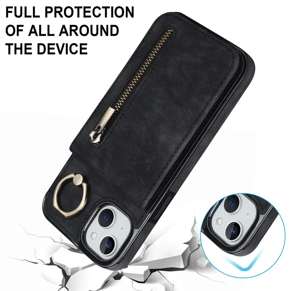 Back Shell for iPhone 15 Plus , Phone Case RFID Blocking Wallet Retro PU+TPU Kickstand Cover - Black - 5