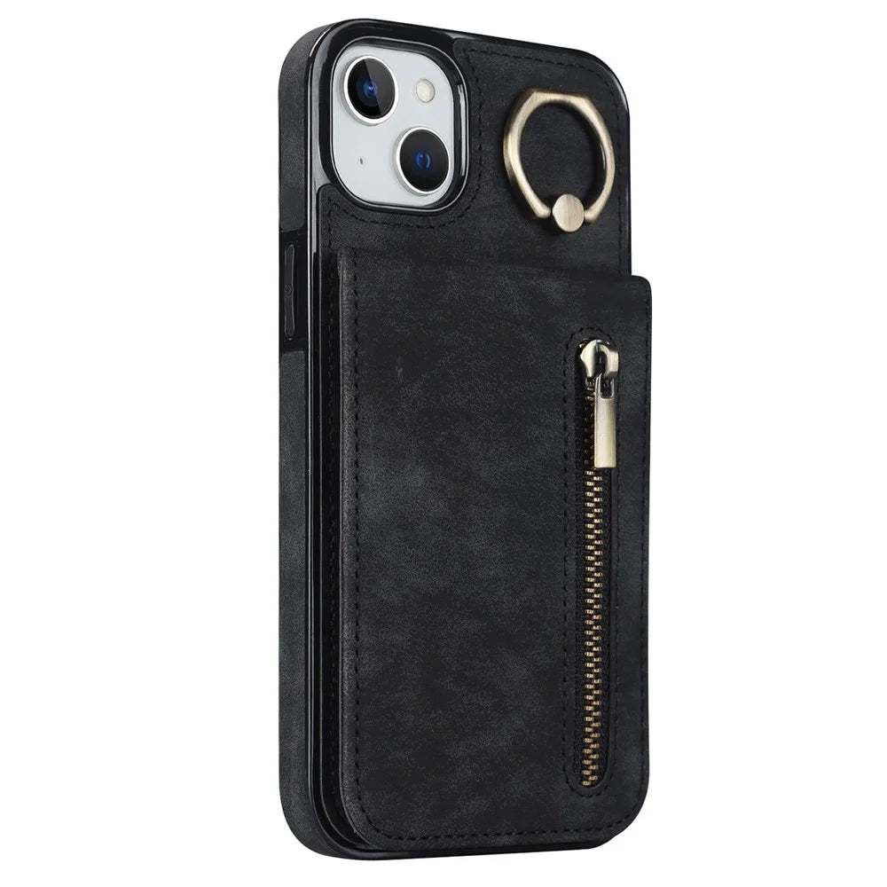 Back Shell for iPhone 15 Plus , Phone Case RFID Blocking Wallet Retro PU+TPU Kickstand Cover - Black - 7