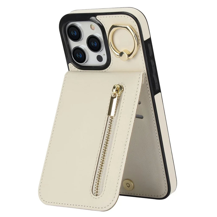 For iPhone 15 Pro Max RFID Blocking Wallet Phone Case Fall Protection Retro PU+TPU Kickstand Cover - Beige - 1