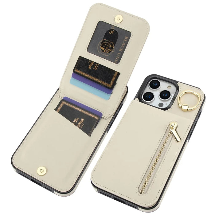 For iPhone 15 Pro Max RFID Blocking Wallet Phone Case Fall Protection Retro PU+TPU Kickstand Cover - Beige - 4