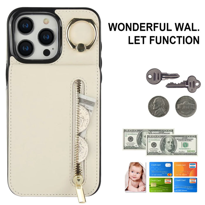 For iPhone 15 Pro Max RFID Blocking Wallet Phone Case Fall Protection Retro PU+TPU Kickstand Cover - Beige - 5