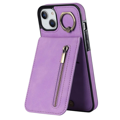 For iPhone 15 RFID Blocking Wallet Anti-scratch Phone Case Retro PU+TPU Cellphone Kickstand Cover - Purple - 1
