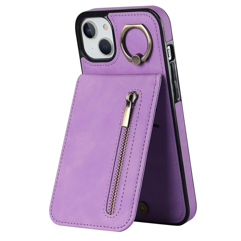 For iPhone 15 RFID Blocking Wallet Anti-scratch Phone Case Retro PU+TPU Cellphone Kickstand Cover - Purple - 1