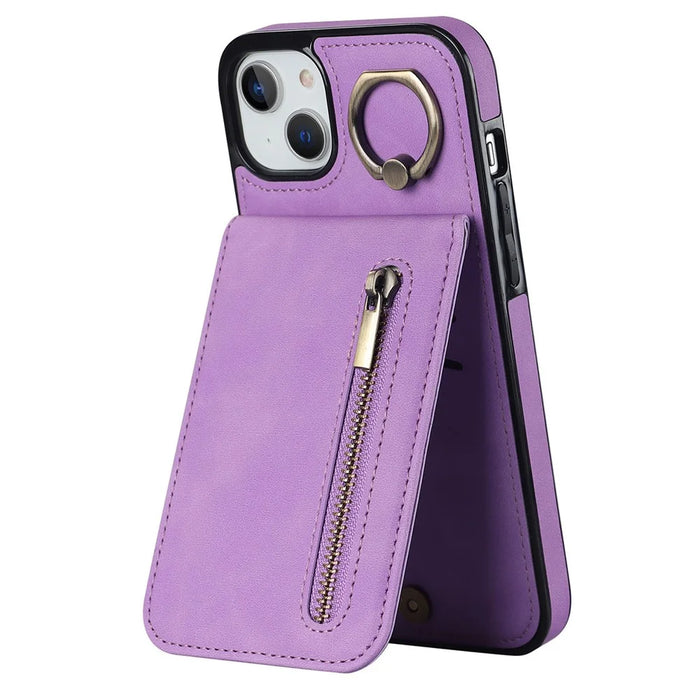 For iPhone 15 RFID Blocking Wallet Anti-scratch Phone Case Retro PU+TPU Cellphone Kickstand Cover - Purple - 1