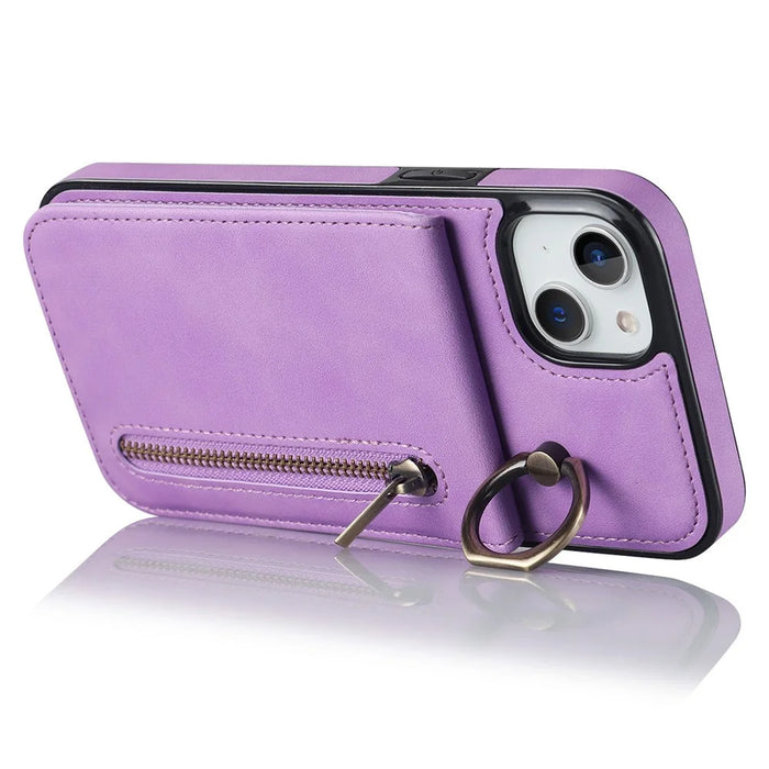 For iPhone 15 RFID Blocking Wallet Anti-scratch Phone Case Retro PU+TPU Cellphone Kickstand Cover - Purple - 2