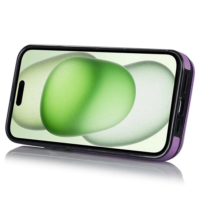 For iPhone 15 RFID Blocking Wallet Anti-scratch Phone Case Retro PU+TPU Cellphone Kickstand Cover - Purple - 3