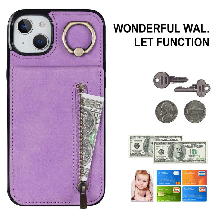 For iPhone 15 RFID Blocking Wallet Anti-scratch Phone Case Retro PU+TPU Cellphone Kickstand Cover - Purple - 4