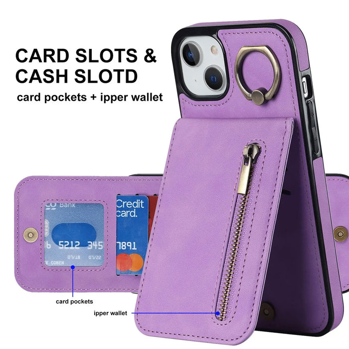 For iPhone 15 RFID Blocking Wallet Anti-scratch Phone Case Retro PU+TPU Cellphone Kickstand Cover - Purple - 5