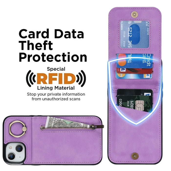 For iPhone 15 RFID Blocking Wallet Anti-scratch Phone Case Retro PU+TPU Cellphone Kickstand Cover - Purple - 6
