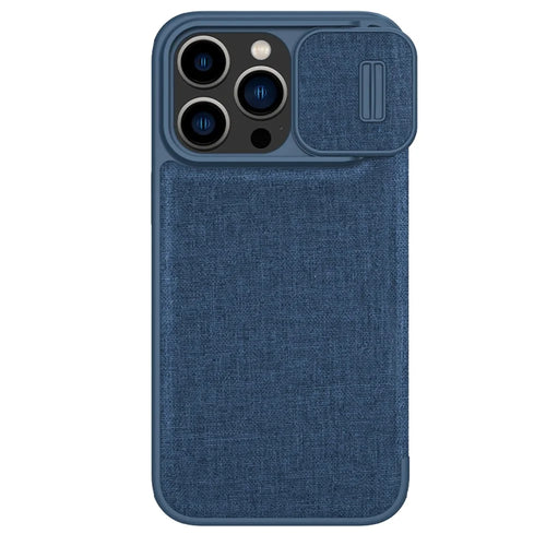 NILLKIN Qin Pro Series for iPhone 15 Pro Shockproof Case Sliding Lens Cover PU Leather Phone Shell with Card Holder - Blue - 1