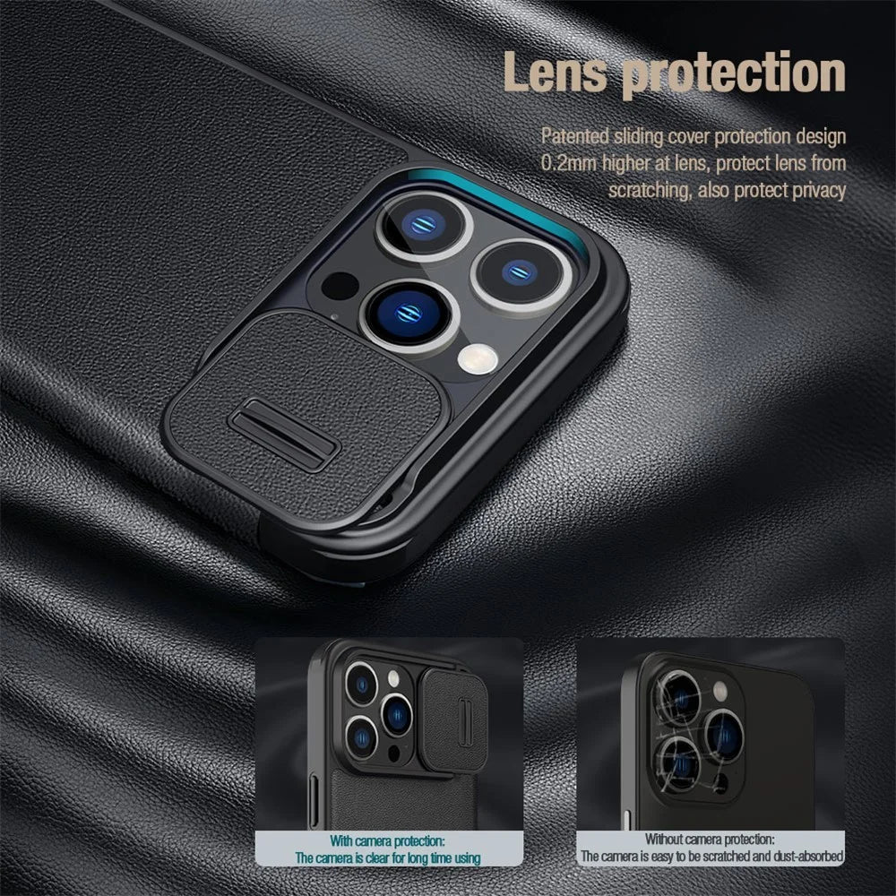 NILLKIN Qin Pro Series for iPhone 15 Pro Shockproof Case Sliding Lens Cover PU Leather Phone Shell with Card Holder - Blue - 3