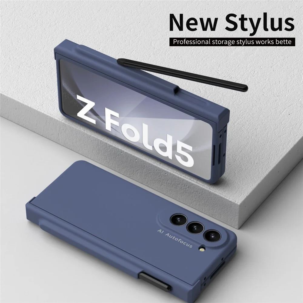 For Samsung Galaxy Z Fold5 5G PC Phone Case Anti-drop Cover with Tempered Glass Screen Film and Stylus - Blue - 5