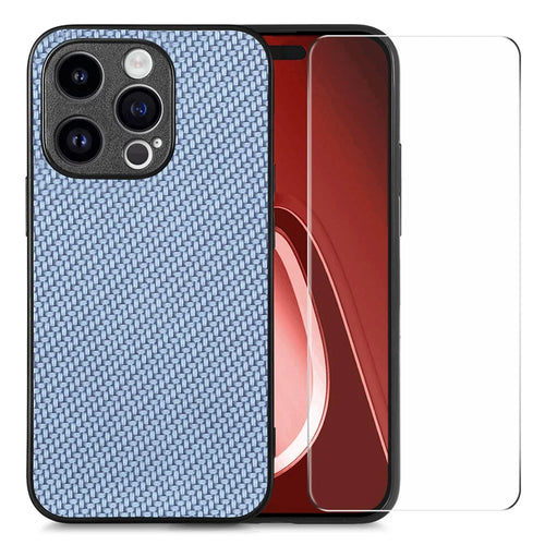 ENKAY HAT PRINCE For iPhone 14 Pro Carbon Fiber Leather+PC Phone Case with High Aluminium-silicon Glass Film - Blue - 1