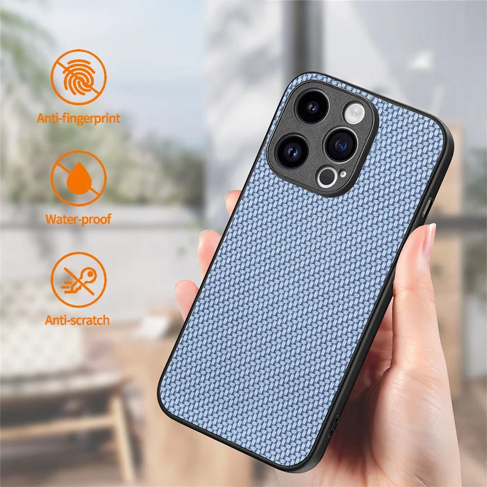 ENKAY HAT PRINCE For iPhone 14 Pro Carbon Fiber Leather+PC Phone Case with High Aluminium-silicon Glass Film - Blue - 6