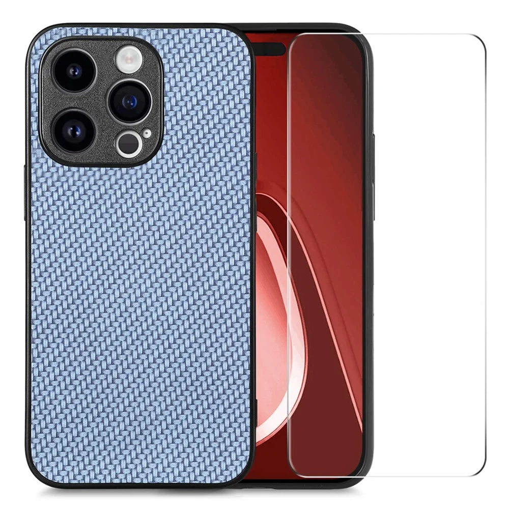 ENKAY HAT PRINCE For iPhone 14 Pro Max Leather+PC Case Carbon Fiber Phone Cover with High Aluminium-silicon Glass Film - Blue - 1