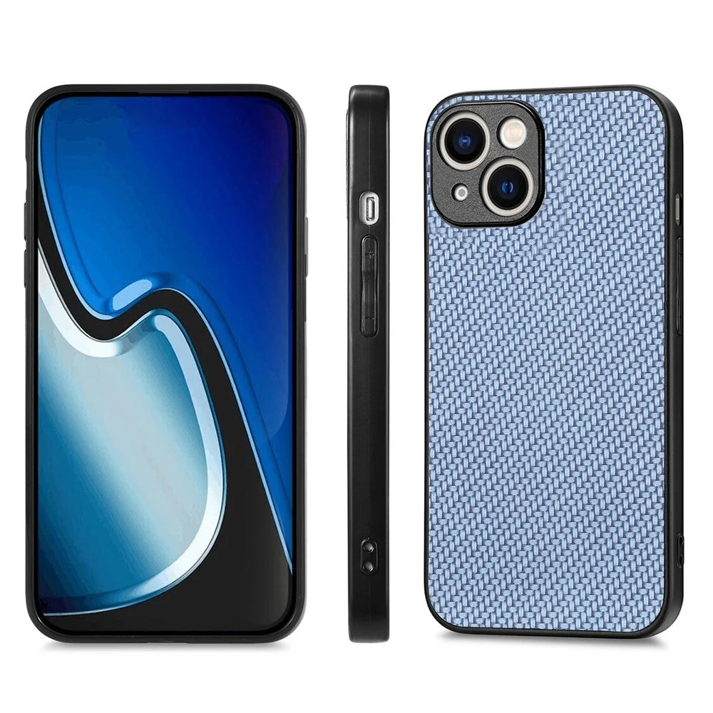 ENKAY HAT PRINCE Carbon Fiber Case for iPhone 14 Leather+PC Phone Cover with High Aluminium-silicon Glass Film - Blue - 2