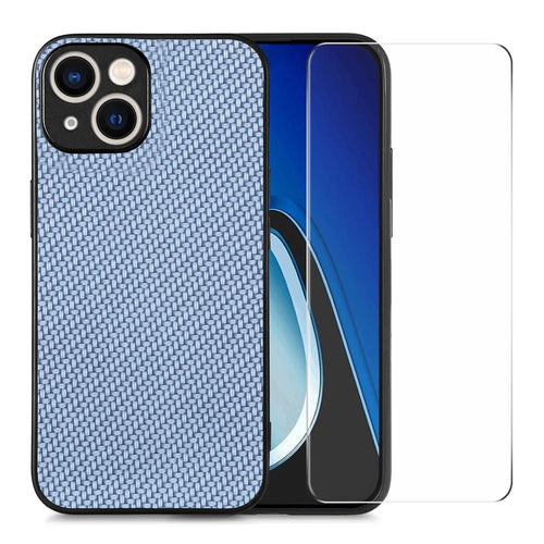 ENKAY HAT PRINCE Phone Cover for iPhone 14 Plus Carbon Fiber Leather+PC Case with High Aluminium-silicon Glass Film - Blue - 1