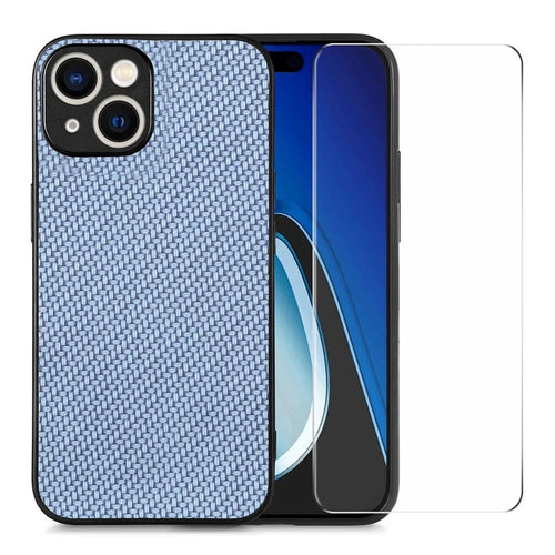 ENKAY HAT PRINCE for iPhone 15 Plus Phone Case Carbon Fiber Leather+PC Cover with High Aluminium-silicon Glass Film - Blue - 1
