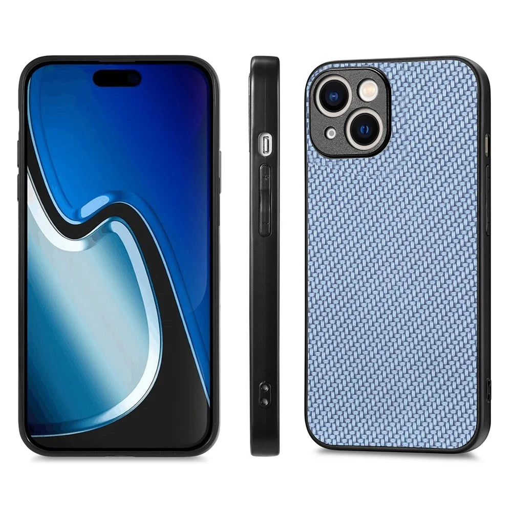 ENKAY HAT PRINCE for iPhone 15 Plus Phone Case Carbon Fiber Leather+PC Cover with High Aluminium-silicon Glass Film - Blue - 2