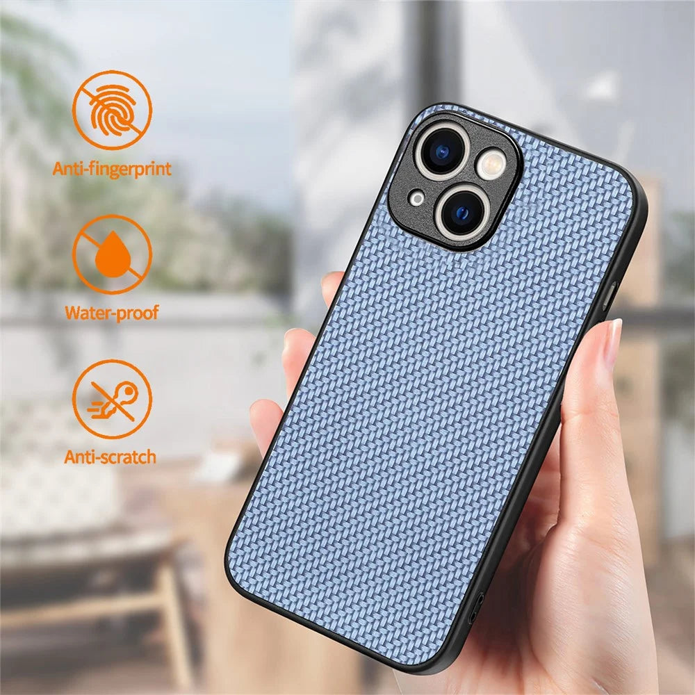 ENKAY HAT PRINCE for iPhone 15 Plus Phone Case Carbon Fiber Leather+PC Cover with High Aluminium-silicon Glass Film - Blue - 6