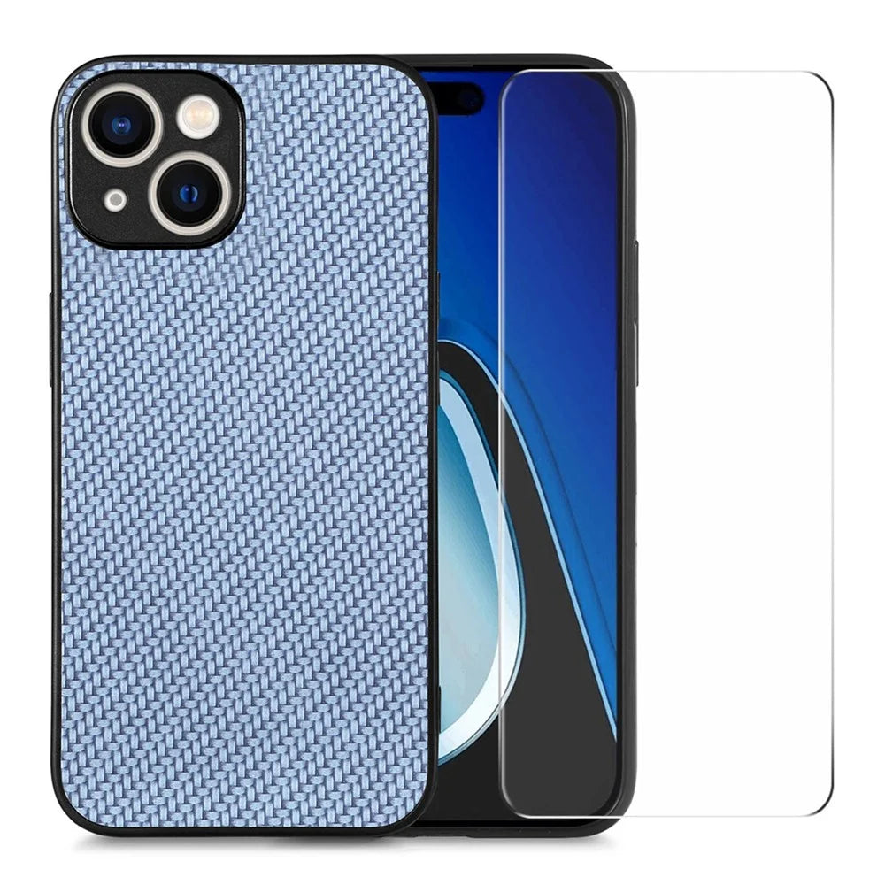 ENKAY HAT PRINCE Carbon Fiber Phone Case for iPhone 15 Leather+PC Cover with High Aluminium-silicon Glass Film - Blue - 1