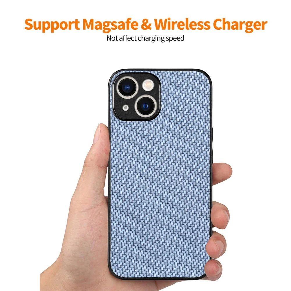 ENKAY HAT PRINCE Carbon Fiber Phone Case for iPhone 15 Leather+PC Cover with High Aluminium-silicon Glass Film - Blue - 3