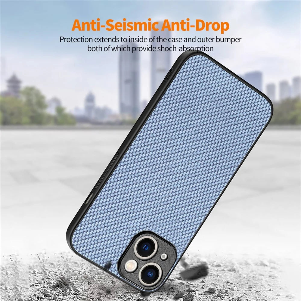 ENKAY HAT PRINCE Carbon Fiber Phone Case for iPhone 15 Leather+PC Cover with High Aluminium-silicon Glass Film - Blue - 7