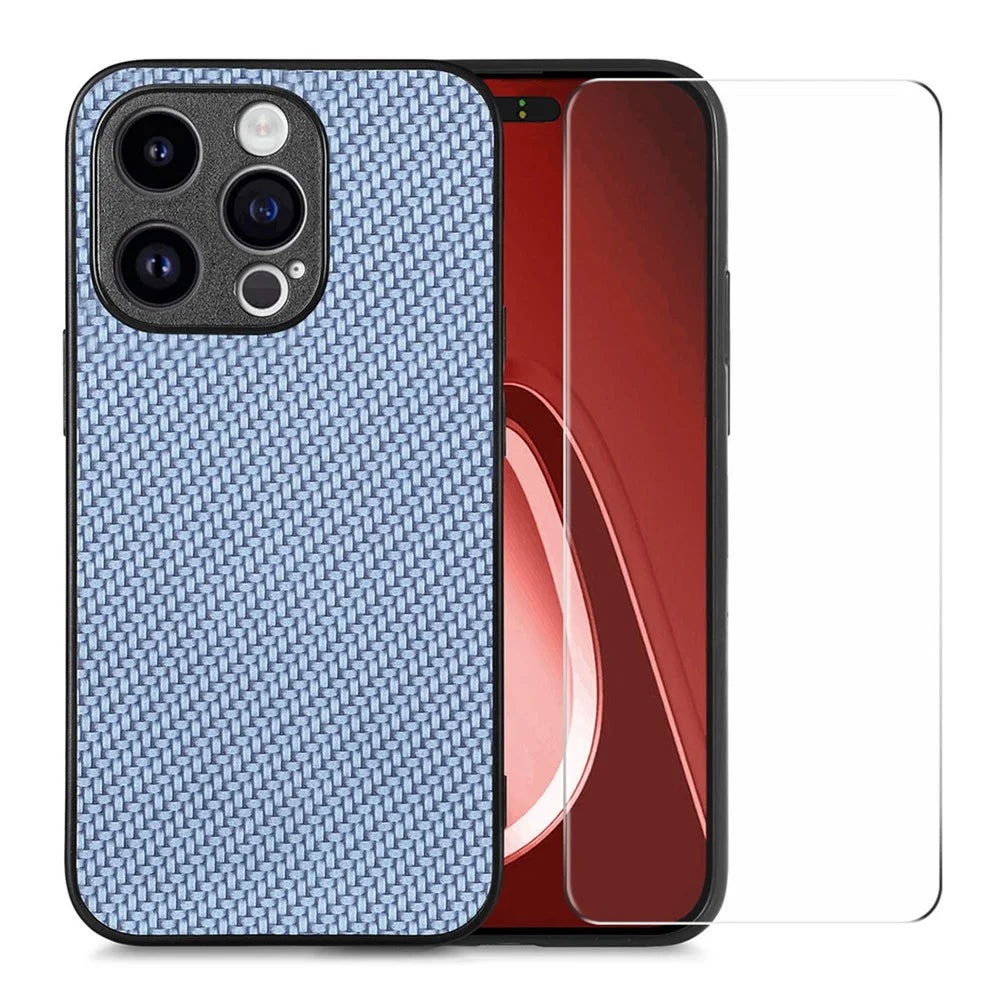 ENKAY HAT PRINCE for iPhone 15 Pro Max Leather+PC Phone Case Carbon Fiber Cover with High Aluminium-silicon Glass Film - Blue - 1