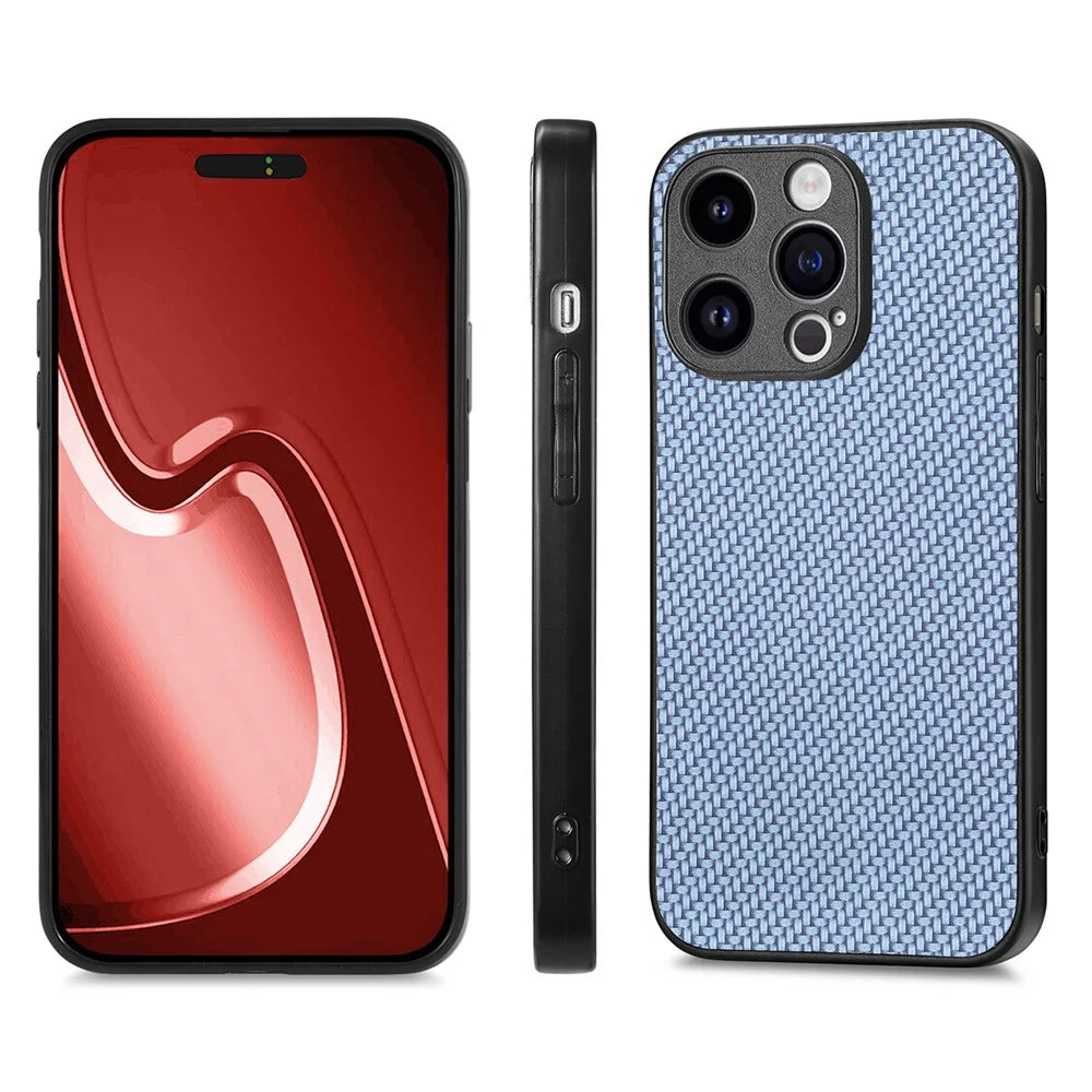 ENKAY HAT PRINCE for iPhone 15 Pro Max Leather+PC Phone Case Carbon Fiber Cover with High Aluminium-silicon Glass Film - Blue - 2