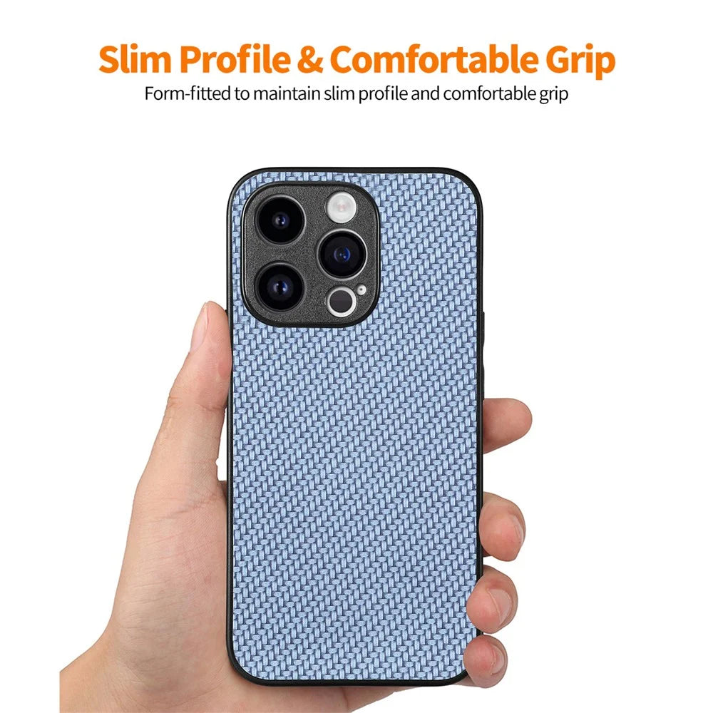 ENKAY HAT PRINCE for iPhone 15 Pro Max Leather+PC Phone Case Carbon Fiber Cover with High Aluminium-silicon Glass Film - Blue - 3