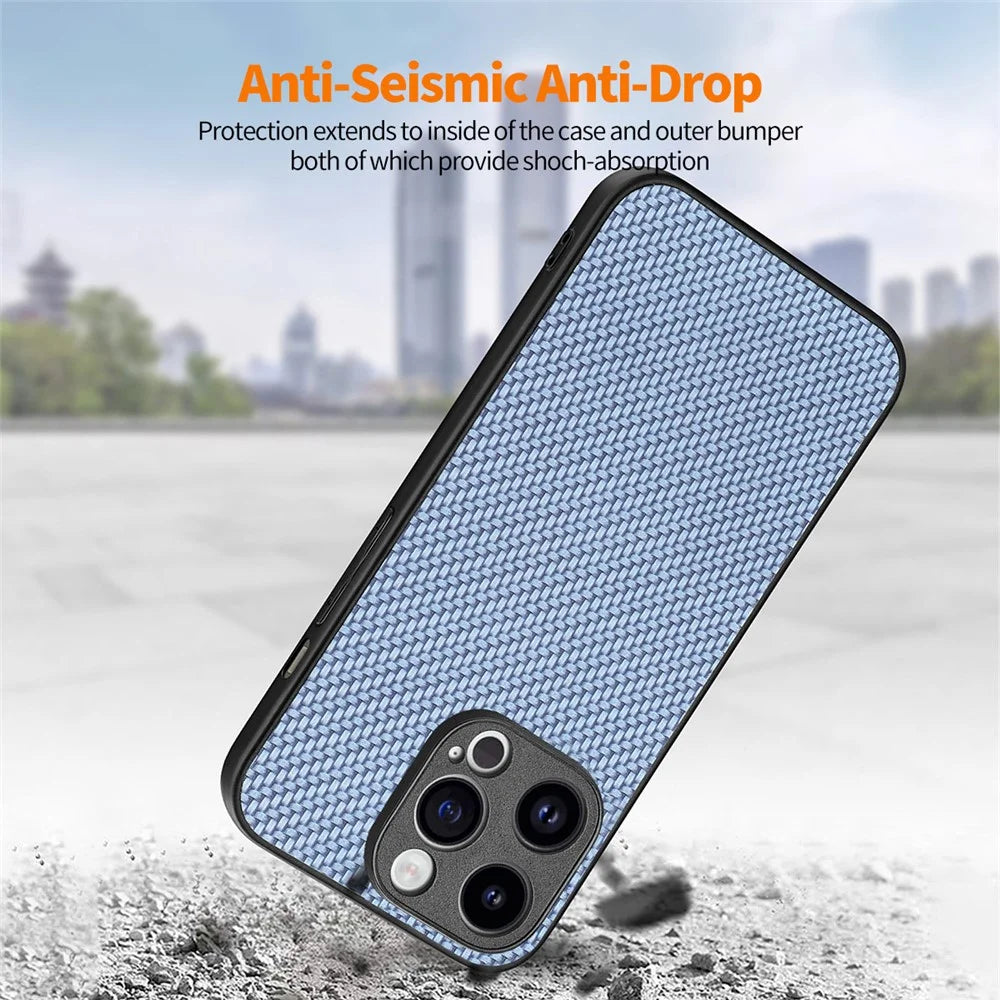 ENKAY HAT PRINCE for iPhone 15 Pro Max Leather+PC Phone Case Carbon Fiber Cover with High Aluminium-silicon Glass Film - Blue - 7