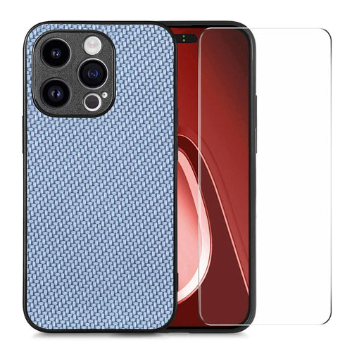 ENKAY HAT PRINCE for iPhone 15 Pro Phone Case with High Aluminium-silicon Glass Film Carbon Fiber Leather+PC Cover - Blue - 1