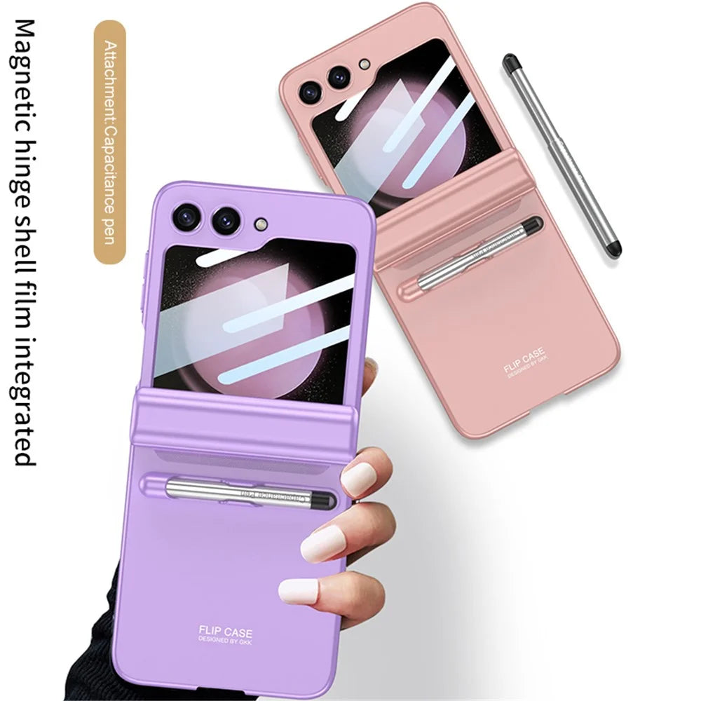 GKK For Samsung Galaxy Z Flip5 5G Case Magnetic Hinge PC Phone Cover with Small Screen Film + Stylus Pen - Black - 6