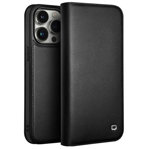 QIALINO For iPhone 15 Pro Max Wallet Case Stand Genuine Cow Leather Flip Phone Cover - Black - 1