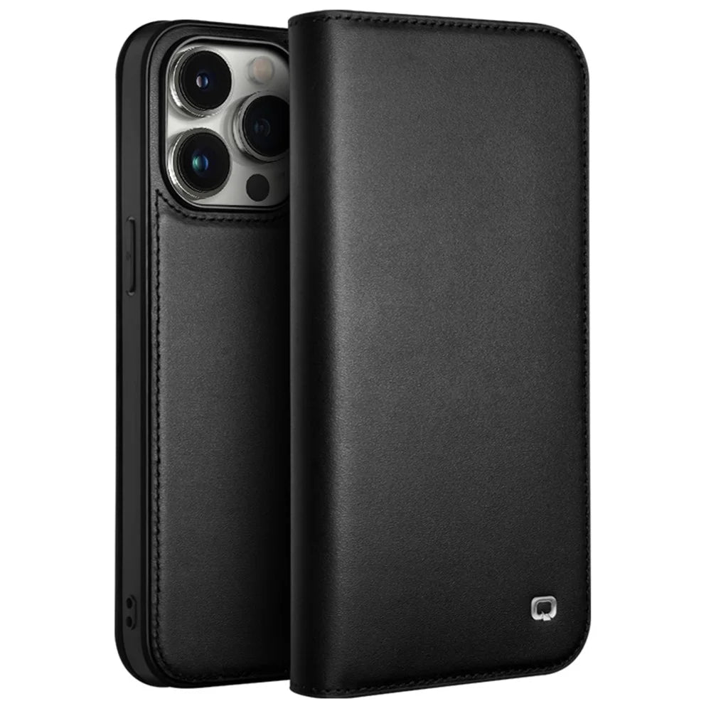 QIALINO For iPhone 15 Pro Max Wallet Case Stand Genuine Cow Leather Flip Phone Cover - Black - 1