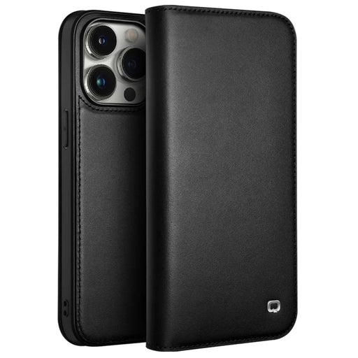 QIALINO For iPhone 15 Pro Max Wallet Case Stand Genuine Cow Leather Flip Phone Cover - Black - 1