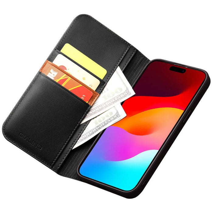 QIALINO For iPhone 15 Pro Max Wallet Case Stand Genuine Cow Leather Flip Phone Cover - Black - 3
