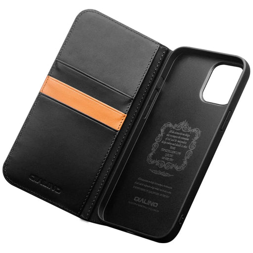 QIALINO For iPhone 15 Pro Wallet Case Stand Genuine Cow Leather Flip Phone Cover - Black - 2