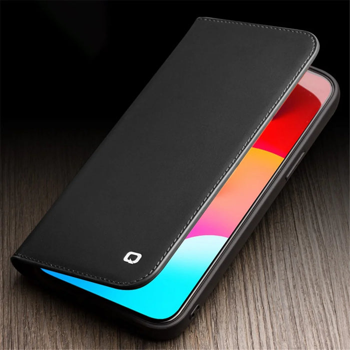 QIALINO For iPhone 15 Pro Wallet Case Stand Genuine Cow Leather Flip Phone Cover - Black - 5