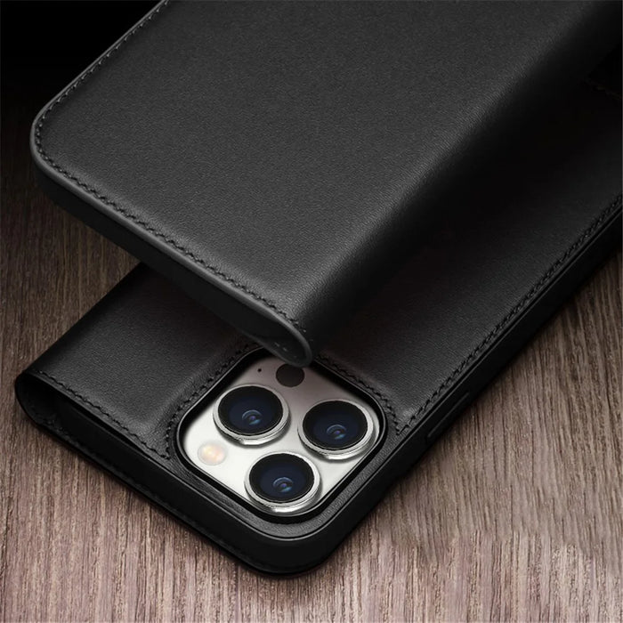 QIALINO For iPhone 15 Pro Wallet Case Stand Genuine Cow Leather Flip Phone Cover - Black - 6