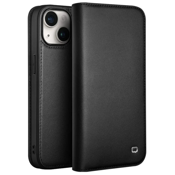 QIALINO For iPhone 15 Wallet Case Stand Genuine Cow Leather Flip Phone Cover - Black - 1
