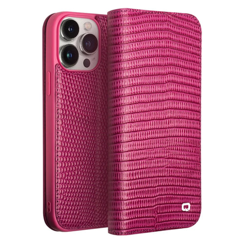 QIALINO For iPhone 15 Pro Crocodile Texture Genuine Cow Leather Cover Flip Stand Wallet Phone Case - Rose - 1