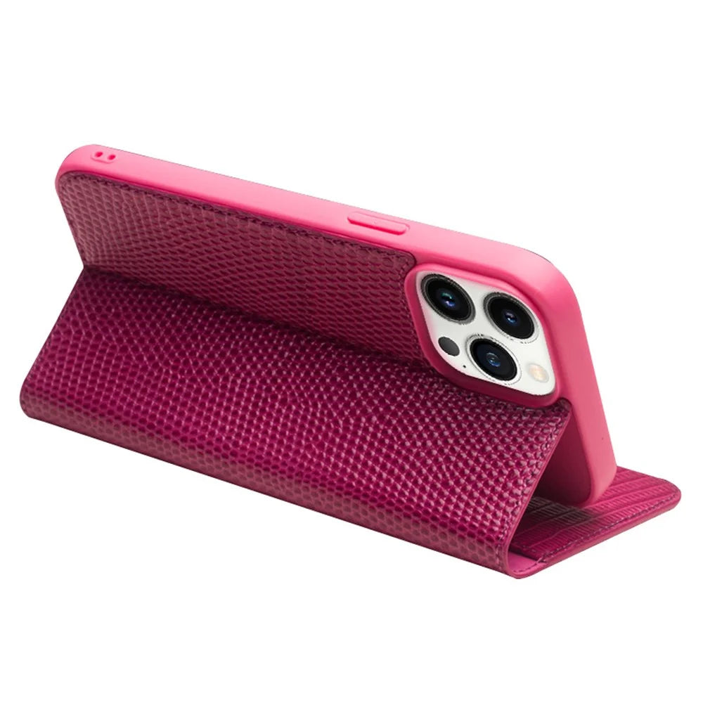 QIALINO For iPhone 15 Pro Crocodile Texture Genuine Cow Leather Cover Flip Stand Wallet Phone Case - Rose - 4