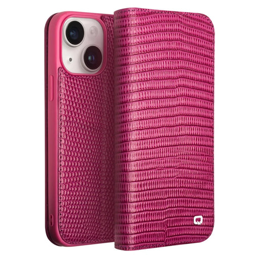 QIALINO For iPhone 15 Plus Crocodile Texture Phone Case Genuine Cow Leather Wallet Stand Cover - Rose - 1