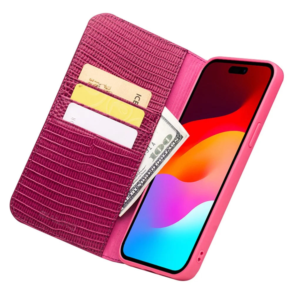 QIALINO For iPhone 15 Plus Crocodile Texture Phone Case Genuine Cow Leather Wallet Stand Cover - Rose - 2